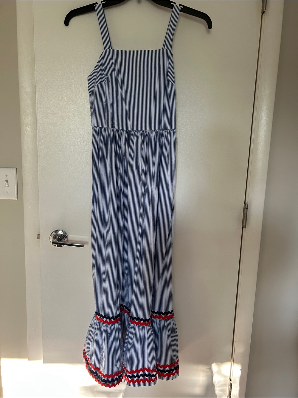 J. Crew Blue and White Striped Maxi Dress with Red & Black Hem Trim